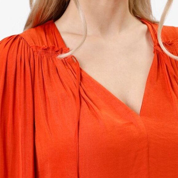 Rebecca Taylor Deep Orange Tie-Front Puff Sleeve V-Neck Top  Size Small - Picture 2 of 4